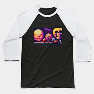 Digital Art of Pumpkins, Skulls, and Bats Sitting on Top of Each Other in a Dark Room Baseball T-Shirt